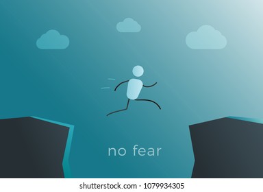 Stick figure character jumping over mountain cliffs. Leap into success representing courage, willpower, wanting to succeed. No fear quote. Vector background illustration