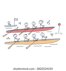 Stick figure characters rowing in two long boats during a race competition with a small support boat in the background.