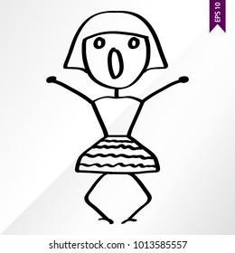 Stick figure cheerful little girl on the white, light backgroung, vector