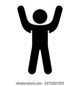 Stick figure cheering with his hand up solid icon. Man with arms up glyph style pictogram on white background. Stickman raise hands for mobile concept and web design. Vector graphics