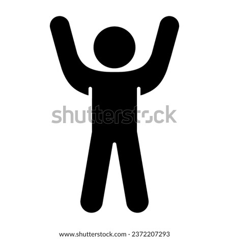 Stick figure cheering with his hand up solid icon. Man with arms up glyph style pictogram on white background. Stickman raise hands for mobile concept and web design. Vector graphics