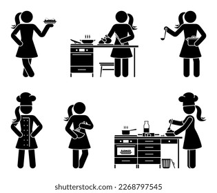 Stick figure chef cook girl vector set. Female person cooking grilled chicken, pie, soup at home restaurant kitchen icon