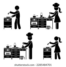 Stick figure chef cook man and woman baking pie vector set. Stickman person cooking at restaurant kitchen icon pictogram