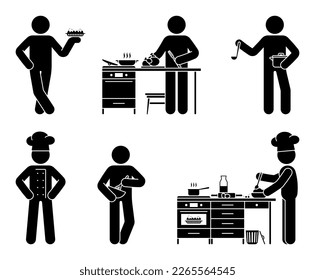 Stick figure chef cook vector set. Stickman person cooking grilled chicken, pie, soup at home restaurant kitchen icon