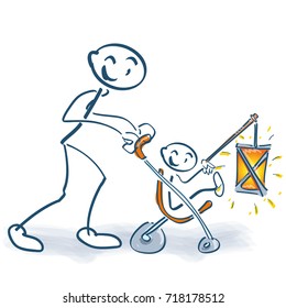 Stick figure with child buggy, child and lantern