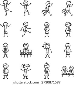 Stick figure children activity grid with playful poses and objects in black-and-white 4x4 layout