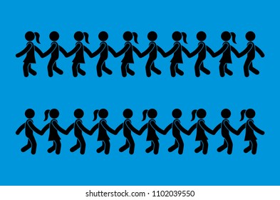 stick figure children  hand in hand, isolated pictograms, silhouettes of people, girls and boys 