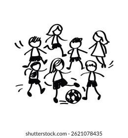stick figure children playing soccer illustration, doodle childish vector illustration