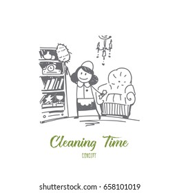 Stick figure  cleaning time concept sketch. Cleaning lady in special clothing tiding up room