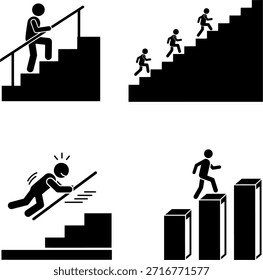 Stick figure climbing stairs and progress bar icon set