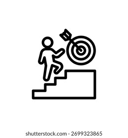 Figura de palo que sube los pasos hacia un objetivo con flecha en estilo de icono blanco y negro, que simboliza el logro, perfecto para materiales de marketing de negocios o educativos.