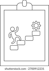 Stick figure climbs steps toward gear on a clipboard