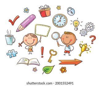 Stick figure clipart set. Cartoon kids with different objects
