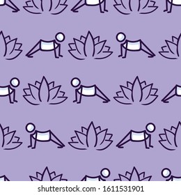 Stick figure cobra yoga pose with lotus flower seamless vector pattern. Hand drawn peace zen and wellness background. Physical exercise fitness home decor. Health aerobics all over print. 