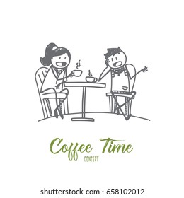 Stick Figure Coffee Time Concept Sketch. Friend Sitting In Cafe, Drinking Coffee And Talking