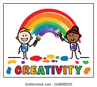 Stick Figure Colorful People Painting Rainbow Creativity Message For Kids