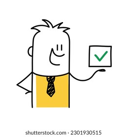 Stick figure, complete task, job done concept, happy businessman. Doodle style. Vector illustration.