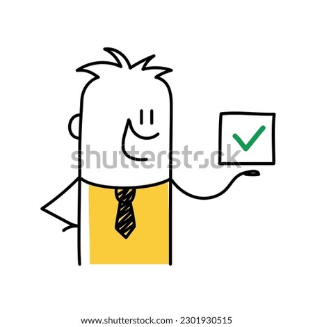 Stick figure, complete task, job done concept, happy businessman. Doodle style. Vector illustration.