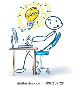 Stick figure at the computer with a good idea