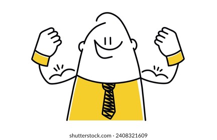 Stick figure. Confident businessman flexing muscles. Concept of strength. Cartoon style. Vector illustration.