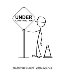 Stick figure of construction worker standing holding a signpost that says "UNDER CONSTRUCTION".
