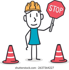 Stick Figure Construction Worker with Stop Sign and Cones. Concept of construction and road work