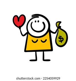 Stick figure contented young woman holds bag of money and   heart in her hand. Vector illustration of selling love.