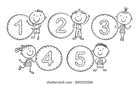 Stick figure. Counting numbers with kids. Outline clipart