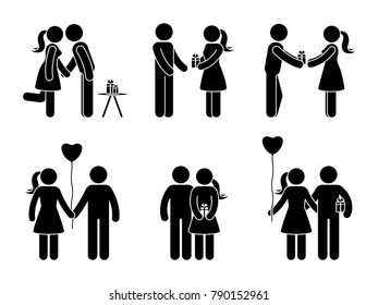Stick figure couple with gift set. Man and woman in love vector illustration. Boyfriend and girlfriend hugging, giving present and holding hands pictogram