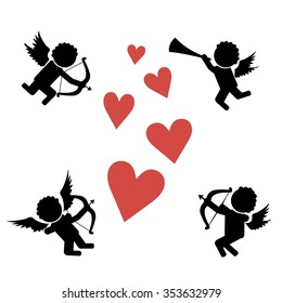 Stick figure cupids. Flying on the wings of love amur, cupid with bow, arrows and pipe. Stick Figure Pictogram Icons