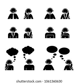Stick figure customer support center icon set. Vector illustration of man and woman service workers on white 
