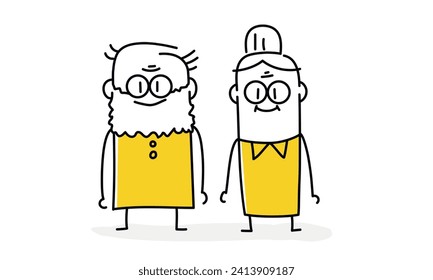 Stick figure, cute cartoon illustration of a senior couple. Cartoon style. Vector illustration.