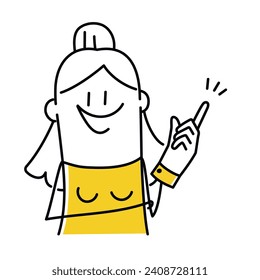 Stick figure, cute girl points to the side, gesture attention. Cartoon style. Vector illustration.