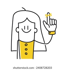 Stick figure, cute girl with reminder hand with string tied to finger. Cartoon style. Vector illustration.