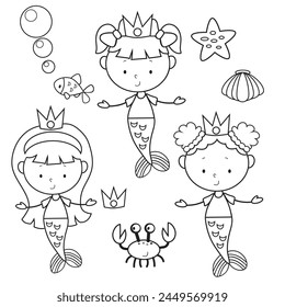 Stick figure cute sea mermaid princess vector cartoon illustration