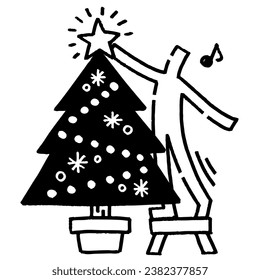 Stick figure decorating a Christmas tree.