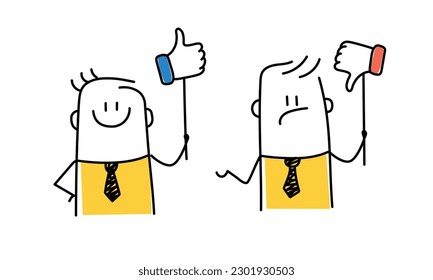 Stick figure, demerit and merit evaluation. Doodle style. Vector illustration.