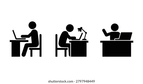 Stick Figure At Desk Working With Laptop Silhouette human person worker employee office workstation notebook