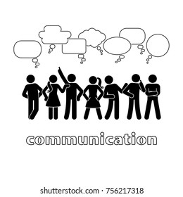 Stick figure dialog communication speech bubbles set. Talking, thinking, body language group of people conversation icon pictogram