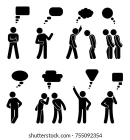 Stick figure dialog speech bubbles set. Talking, thinking, whispering body language man conversation icon pictogram