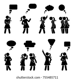 Stick Figure Dialog Speech Bubbles Set. Talking, Thinking, Whispering Body Language Woman Conversation Icon Pictogram