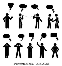 Stick figure dialog speech bubbles set. Talking, thinking, communicating body language man conversation icon pictogram