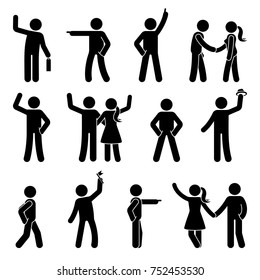 Stick Figure Different Arms Position Set. Pointing Finger, Hands In Pockets, Waving Person Icon Posture Symbol Sign Pictogram On White