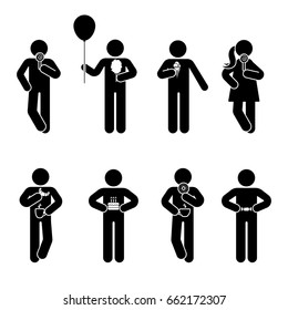 Stick figure different eating position set. Vector illustration of snack person icon symbol sign pictogram on white