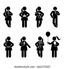Stick figure different eating position set. Vector illustration of snack person icon symbol sign pictogram on white