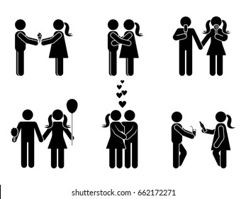 Stick figure different romantic position set. Vector illustration of male and female in love icon symbol sign pictogram on white