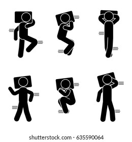 Stick figure different sleeping position set. Vector illustration of dreaming person icon symbol sign pictogram on white
