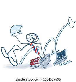 Stick figure is dismissed with a kick off his job 