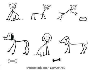 Stick figure dog and cats