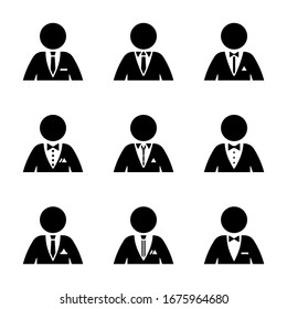 Stick figure dressed in suit, tuxedo, shirt, collar, tie, bow, pocket square pictogram silhouette vector illustration set. Businessman wear formal, official clothes